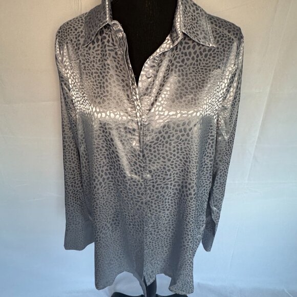 ACOA | LONG SLEEVE BLOUSE Silver/Blue Size Large Leopard Print - Dressy - 0338 - Picture 7 of 7